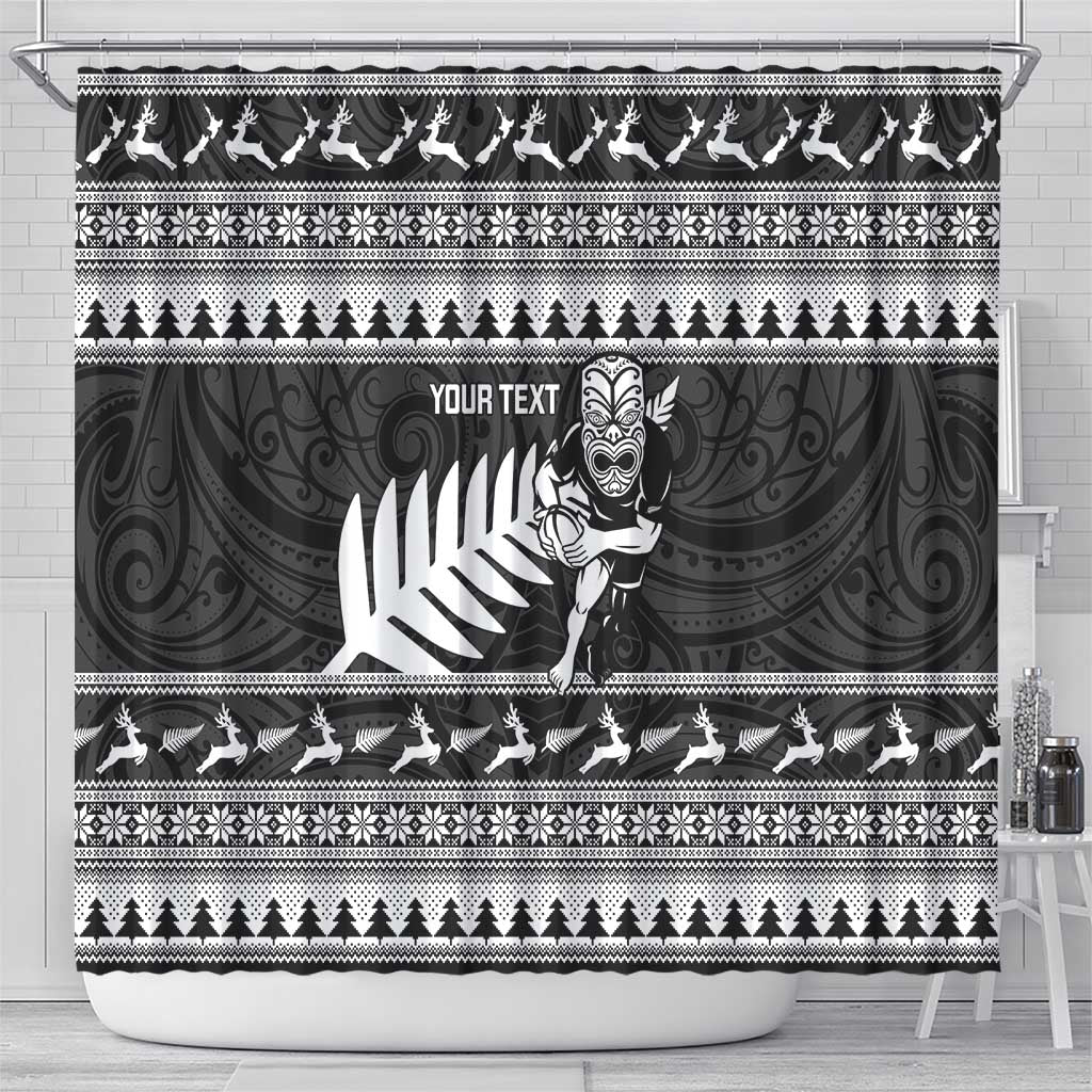 New Zealand Christmas Rugby Personalised Shower Curtain Meri Kirihimete All Black Maori - Polynesian Pride