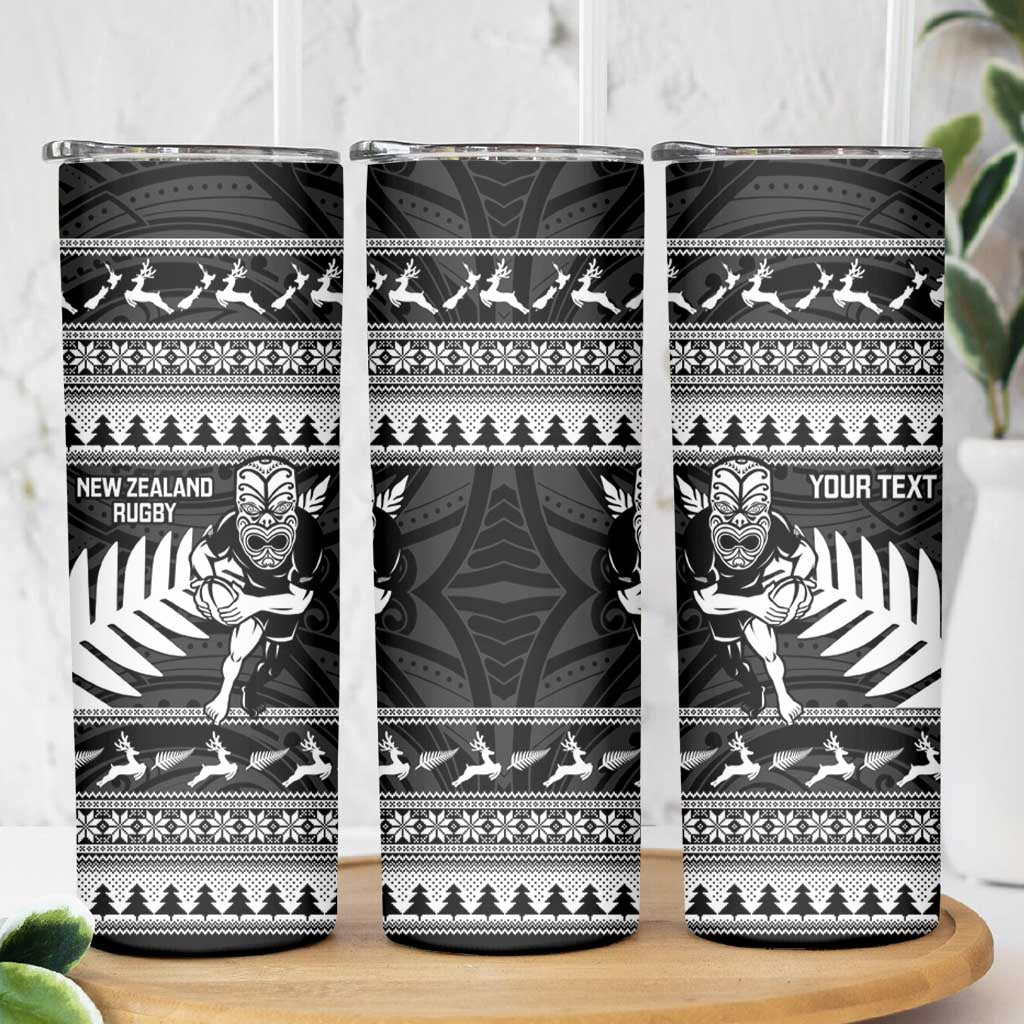 New Zealand Christmas Rugby Personalised Skinny Tumbler Meri Kirihimete All Black Maori - Polynesian Pride