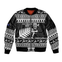 New Zealand Christmas Rugby Personalised Sleeve Zip Bomber Jacket Meri Kirihimete All Black Maori - Polynesian Pride