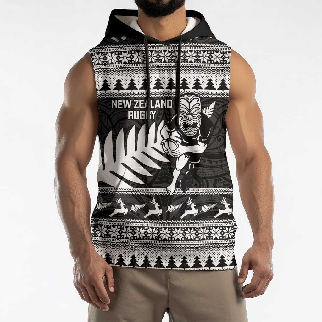 New Zealand Christmas Rugby Personalised Sleeveless Hoodie Meri Kirihimete All Black Maori - Polynesian Pride