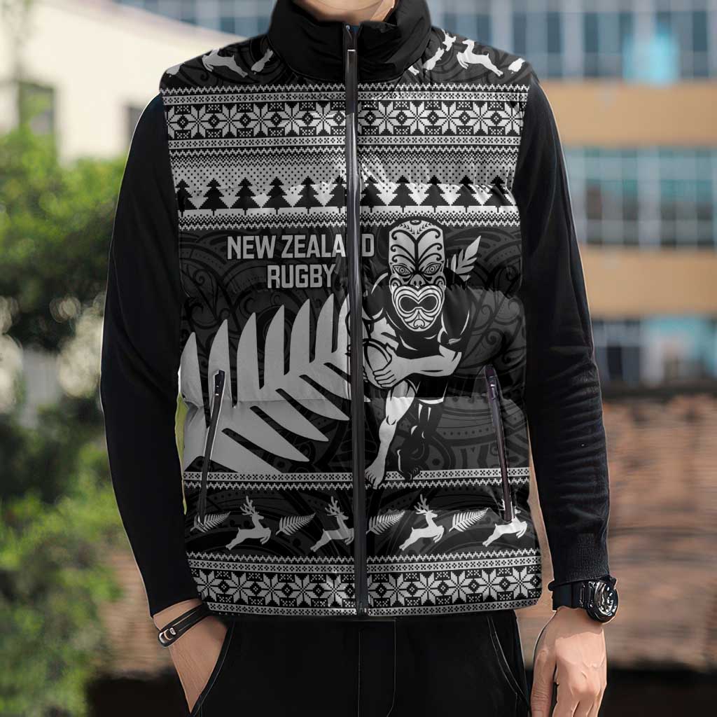 New Zealand Christmas Rugby Personalised Sleeveless Puffer Jacket Meri Kirihimete All Black Maori - Polynesian Pride