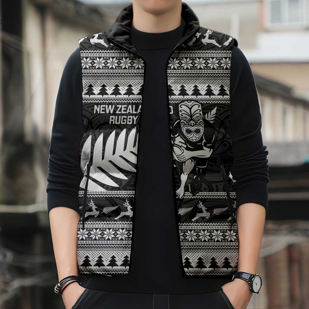 New Zealand Christmas Rugby Personalised Sleeveless Puffer Jacket Meri Kirihimete All Black Maori - Polynesian Pride