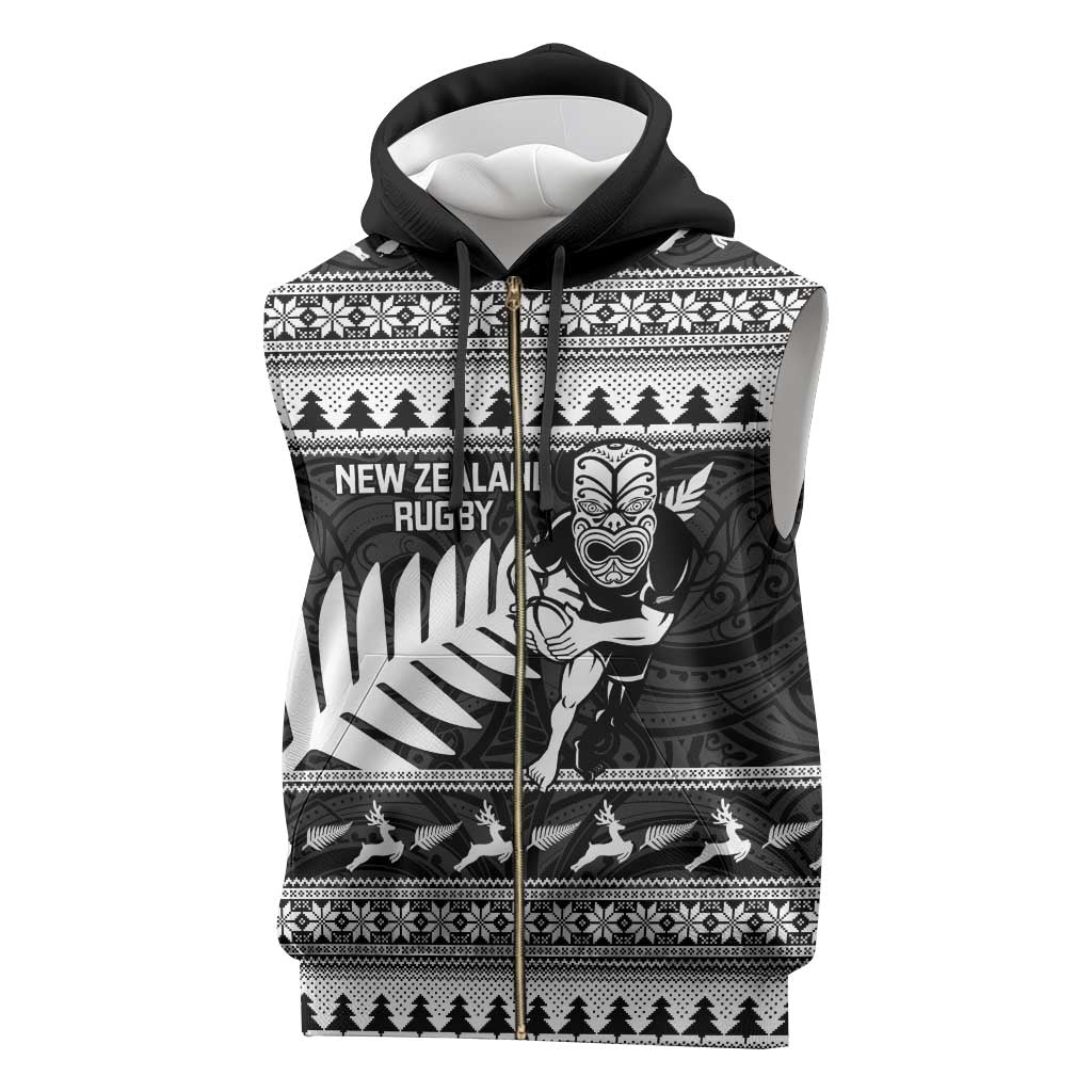 New Zealand Christmas Rugby Personalised Sleeveless Zip Hoodie Meri Kirihimete All Black Maori - Polynesian Pride