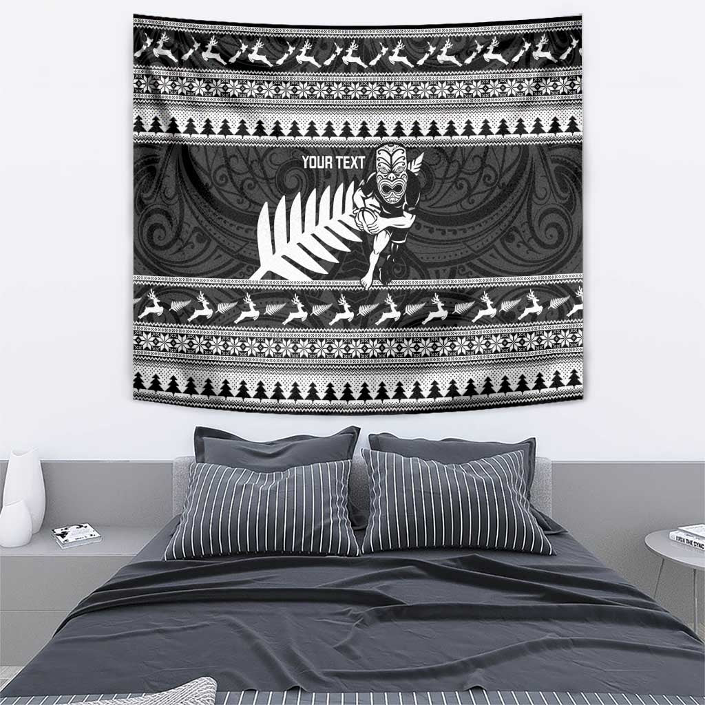 New Zealand Christmas Rugby Personalised Tapestry Meri Kirihimete All Black Maori - Polynesian Pride