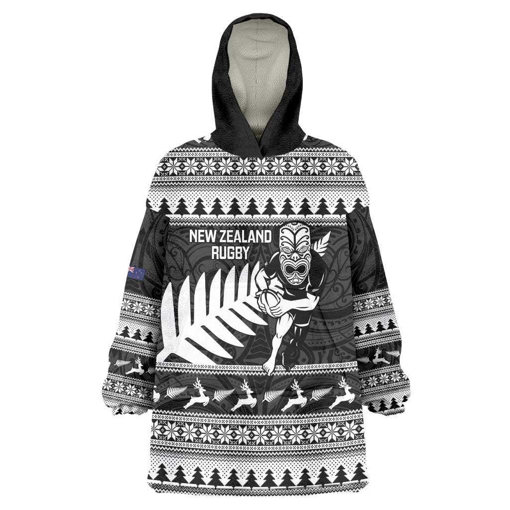 New Zealand Christmas Rugby Personalised Wearable Blanket Hoodie Meri Kirihimete All Black Maori - Polynesian Pride