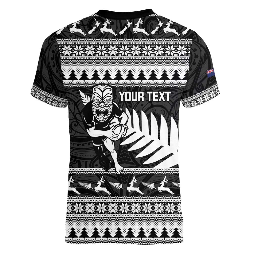 New Zealand Christmas Rugby Personalised Women V-Neck T-Shirt Meri Kirihimete All Black Maori - Polynesian Pride