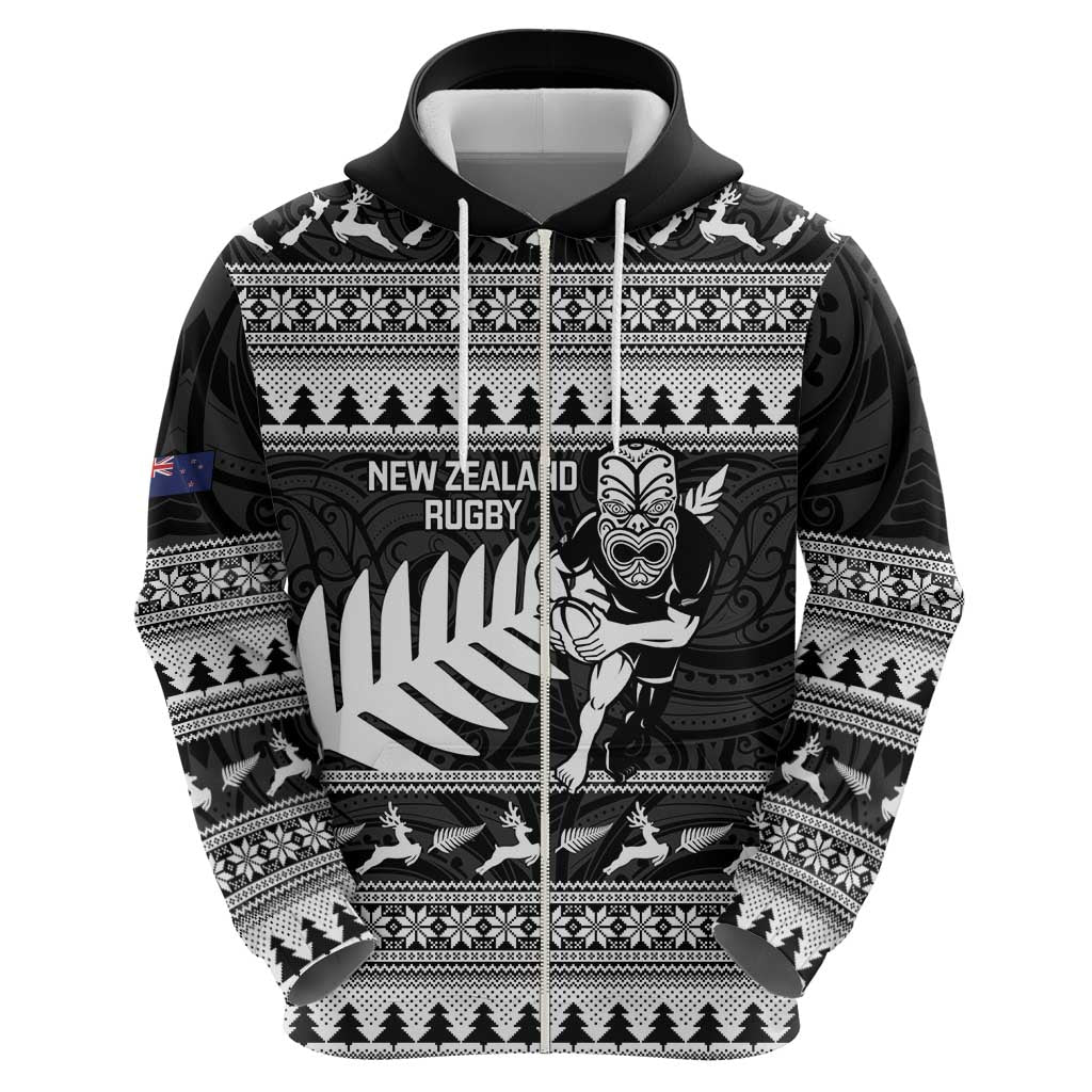 New Zealand Christmas Rugby Personalised Zip Hoodie Meri Kirihimete All Black Maori - Polynesian Pride