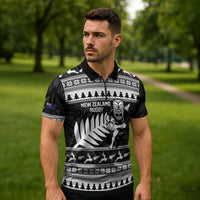 New Zealand Christmas Rugby Personalised Zipper Polo Shirt Meri Kirihimete All Black Maori - Polynesian Pride