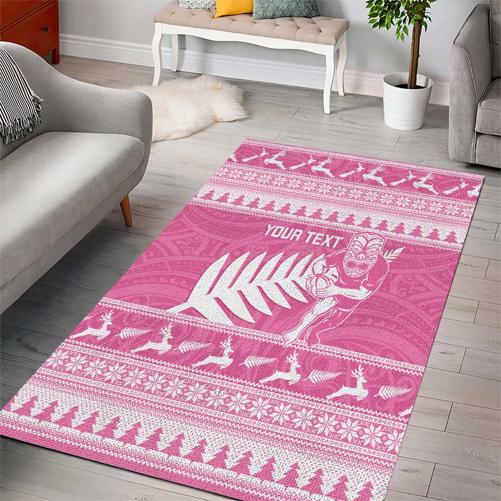 New Zealand Christmas Rugby Personalised Area Rug Meri Kirihimete All Black Maori Pink Version - Polynesian Pride