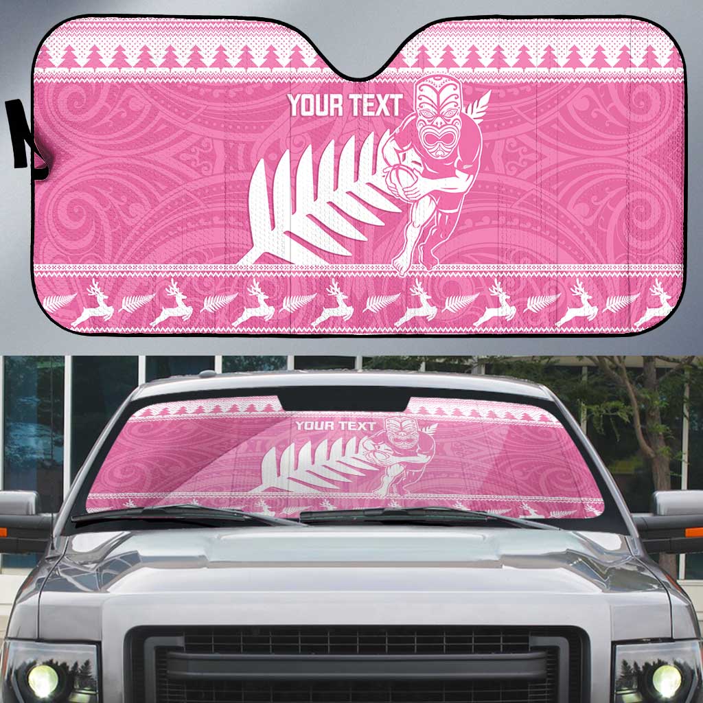 New Zealand Christmas Rugby Personalised Auto Sun Shade Meri Kirihimete All Black Maori Pink Version - Polynesian Pride