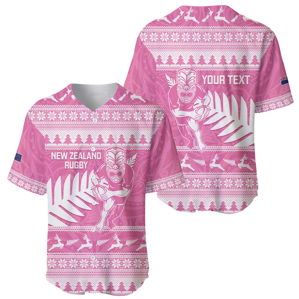 New Zealand Christmas Rugby Personalised Baseball Jersey Meri Kirihimete All Black Maori Pink Version - Polynesian Pride