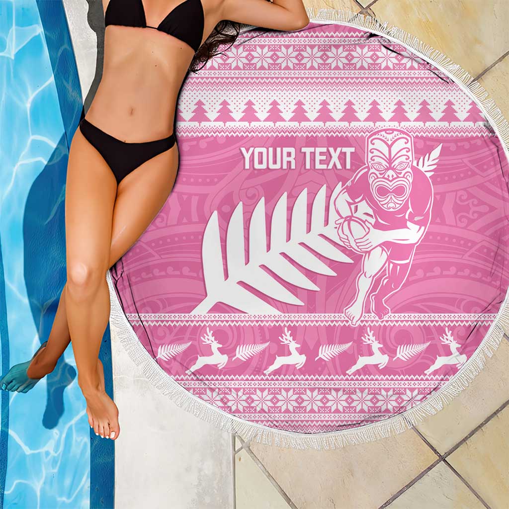 New Zealand Christmas Rugby Personalised Beach Blanket Meri Kirihimete All Black Maori Pink Version - Polynesian Pride