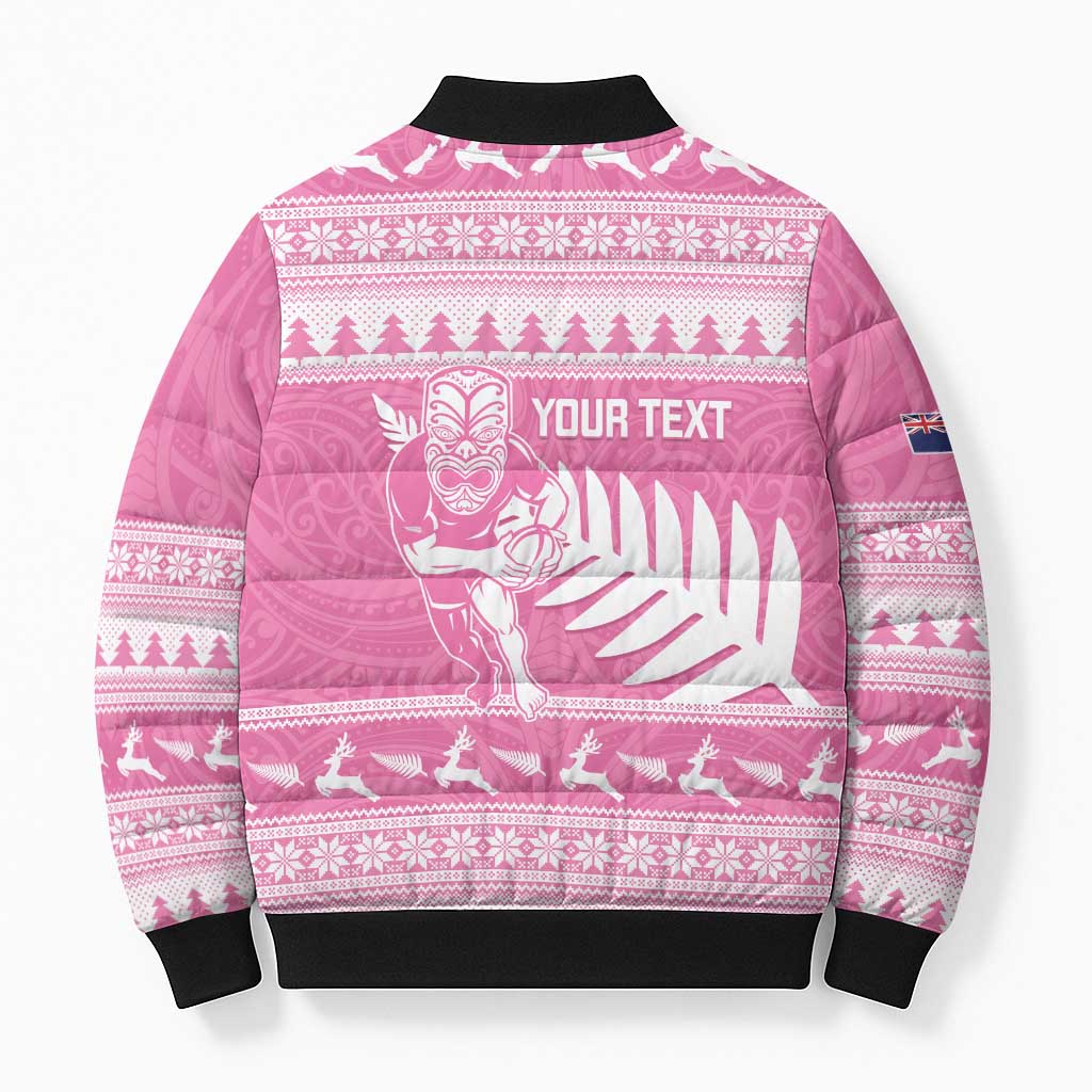 New Zealand Christmas Rugby Personalised Bomber Puffer Jacket Meri Kirihimete All Black Maori Pink Version - Polynesian Pride