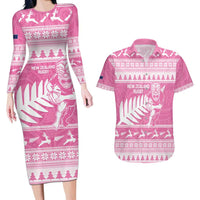 New Zealand Christmas Rugby Personalised Couples Matching Long Sleeve Bodycon Dress and Hawaiian Shirt Meri Kirihimete All Black Maori Pink Version - Polynesian Pride