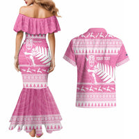 New Zealand Christmas Rugby Personalised Couples Matching Mermaid Dress and Hawaiian Shirt Meri Kirihimete All Black Maori Pink Version - Polynesian Pride