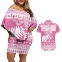 New Zealand Christmas Rugby Personalised Couples Matching Off Shoulder Short Dress and Hawaiian Shirt Meri Kirihimete All Black Maori Pink Version - Polynesian Pride