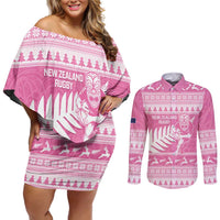 New Zealand Christmas Rugby Personalised Couples Matching Off Shoulder Short Dress and Long Sleeve Button Shirt Meri Kirihimete All Black Maori Pink Version - Polynesian Pride