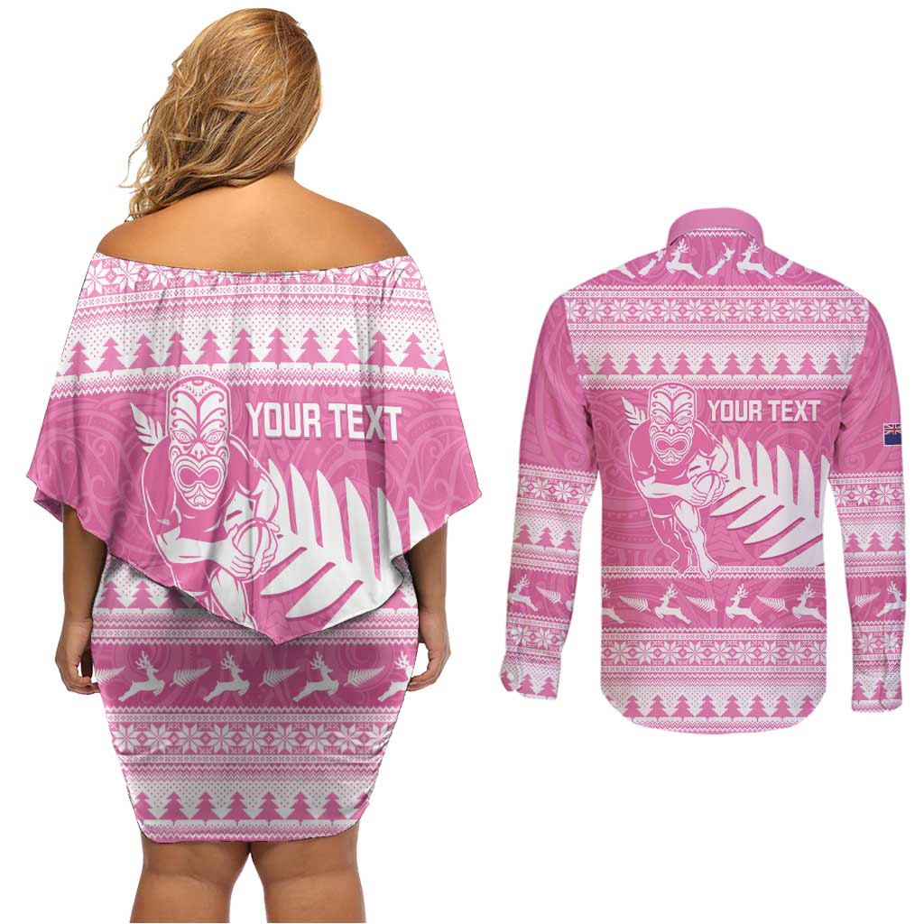 New Zealand Christmas Rugby Personalised Couples Matching Off Shoulder Short Dress and Long Sleeve Button Shirt Meri Kirihimete All Black Maori Pink Version - Polynesian Pride