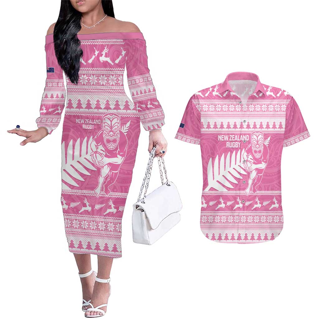 New Zealand Christmas Rugby Personalised Couples Matching Off The Shoulder Long Sleeve Dress and Hawaiian Shirt Meri Kirihimete All Black Maori Pink Version - Polynesian Pride