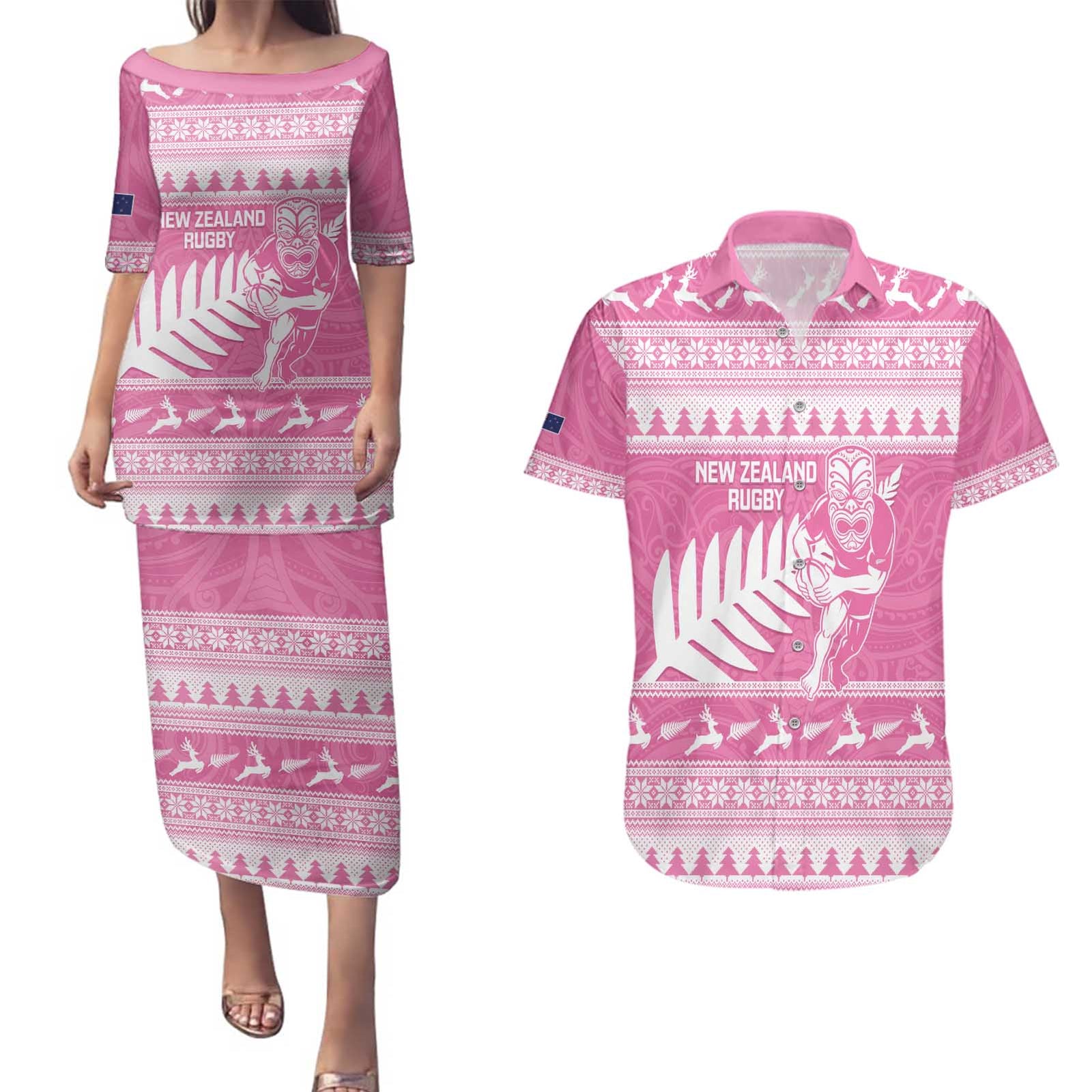 New Zealand Christmas Rugby Personalised Couples Matching Puletasi and Hawaiian Shirt Meri Kirihimete All Black Maori Pink Version - Polynesian Pride