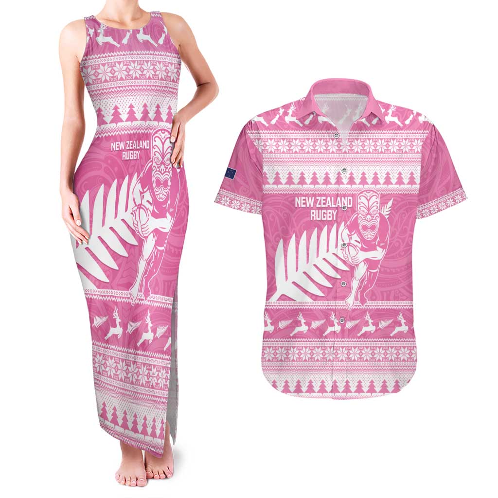 New Zealand Christmas Rugby Personalised Couples Matching Tank Maxi Dress and Hawaiian Shirt Meri Kirihimete All Black Maori Pink Version - Polynesian Pride