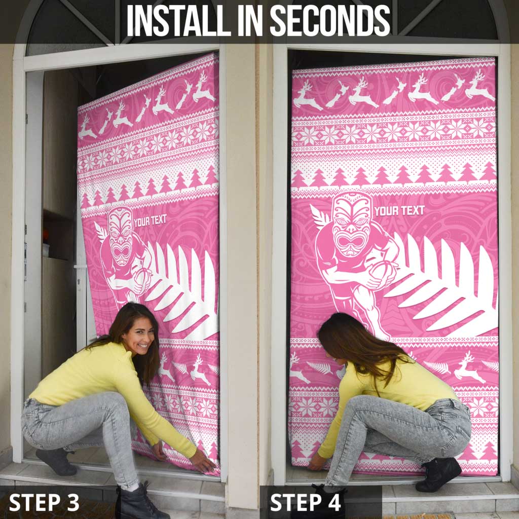 New Zealand Christmas Rugby Personalised Door Cover Meri Kirihimete All Black Maori Pink Version - Polynesian Pride