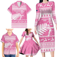 New Zealand Christmas Rugby Personalised Family Matching Long Sleeve Bodycon Dress and Hawaiian Shirt Meri Kirihimete All Black Maori Pink Version - Polynesian Pride