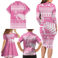 New Zealand Christmas Rugby Personalised Family Matching Long Sleeve Bodycon Dress and Hawaiian Shirt Meri Kirihimete All Black Maori Pink Version - Polynesian Pride