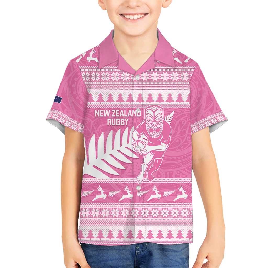 New Zealand Christmas Rugby Personalised Family Matching Long Sleeve Bodycon Dress and Hawaiian Shirt Meri Kirihimete All Black Maori Pink Version - Polynesian Pride