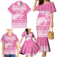 New Zealand Christmas Rugby Personalised Family Matching Mermaid Dress and Hawaiian Shirt Meri Kirihimete All Black Maori Pink Version - Polynesian Pride