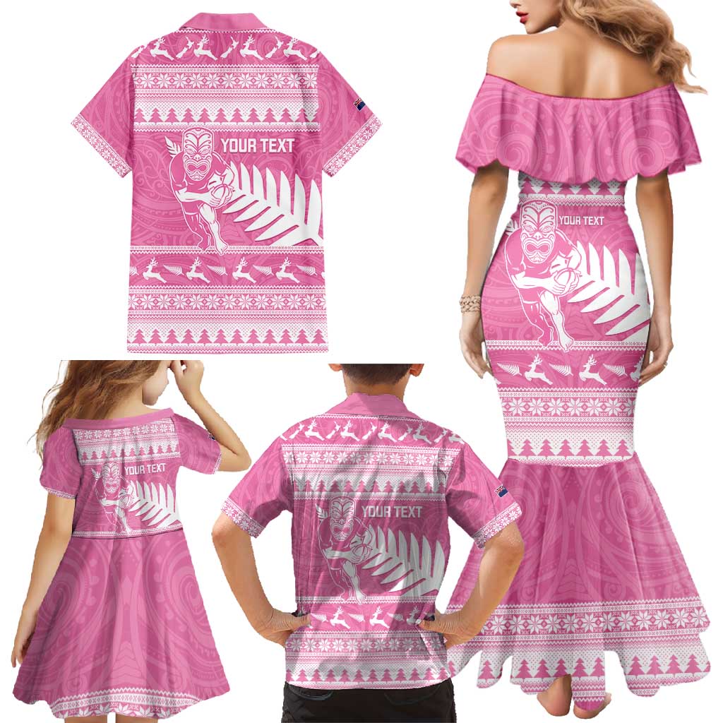 New Zealand Christmas Rugby Personalised Family Matching Mermaid Dress and Hawaiian Shirt Meri Kirihimete All Black Maori Pink Version - Polynesian Pride