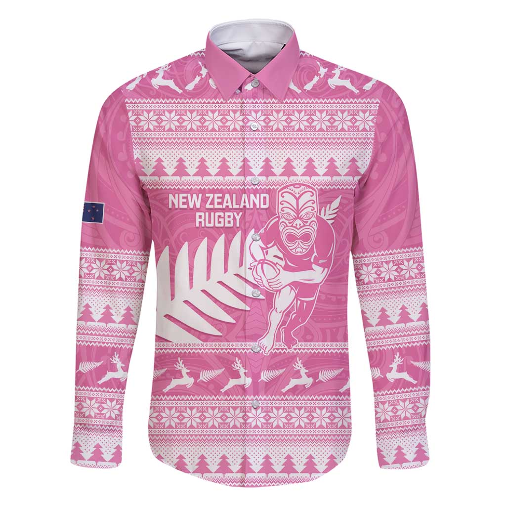 New Zealand Christmas Rugby Personalised Family Matching Mermaid Dress and Hawaiian Shirt Meri Kirihimete All Black Maori Pink Version - Polynesian Pride