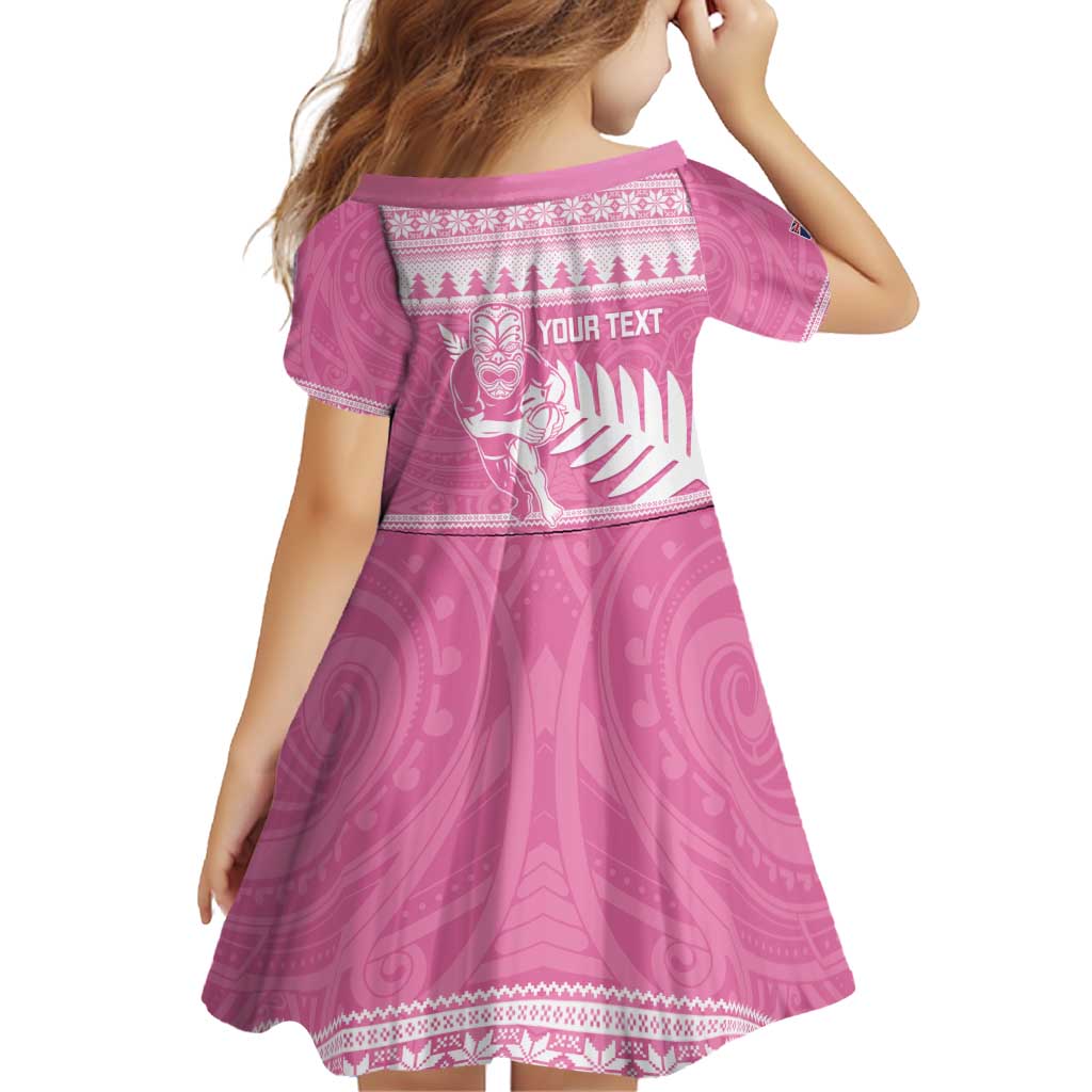 New Zealand Christmas Rugby Personalised Family Matching Off Shoulder Short Dress and Hawaiian Shirt Meri Kirihimete All Black Maori Pink Version - Polynesian Pride