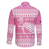 New Zealand Christmas Rugby Personalised Family Matching Off Shoulder Short Dress and Hawaiian Shirt Meri Kirihimete All Black Maori Pink Version - Polynesian Pride