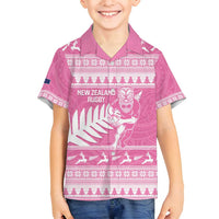 New Zealand Christmas Rugby Personalised Family Matching Puletasi and Hawaiian Shirt Meri Kirihimete All Black Maori Pink Version - Polynesian Pride