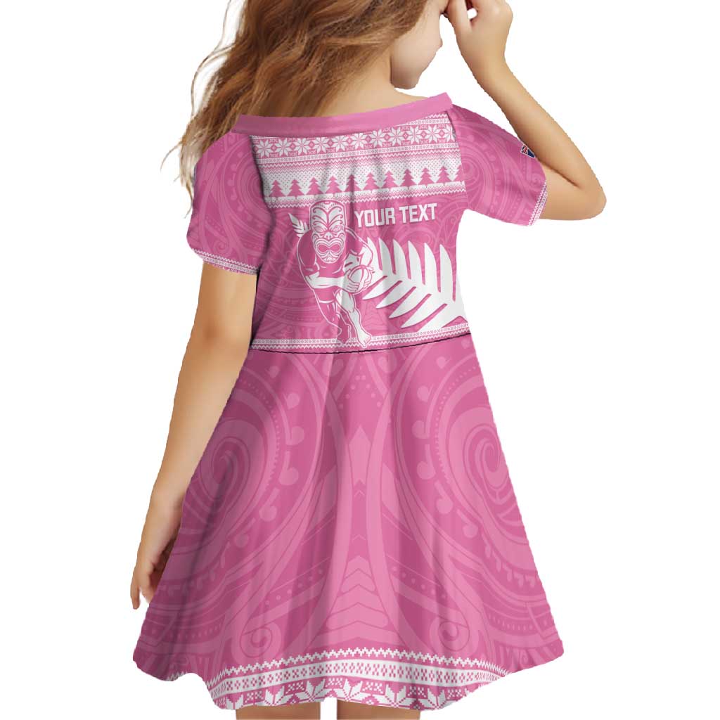 New Zealand Christmas Rugby Personalised Family Matching Short Sleeve Bodycon Dress and Hawaiian Shirt Meri Kirihimete All Black Maori Pink Version - Polynesian Pride