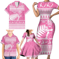 New Zealand Christmas Rugby Personalised Family Matching Short Sleeve Bodycon Dress and Hawaiian Shirt Meri Kirihimete All Black Maori Pink Version - Polynesian Pride