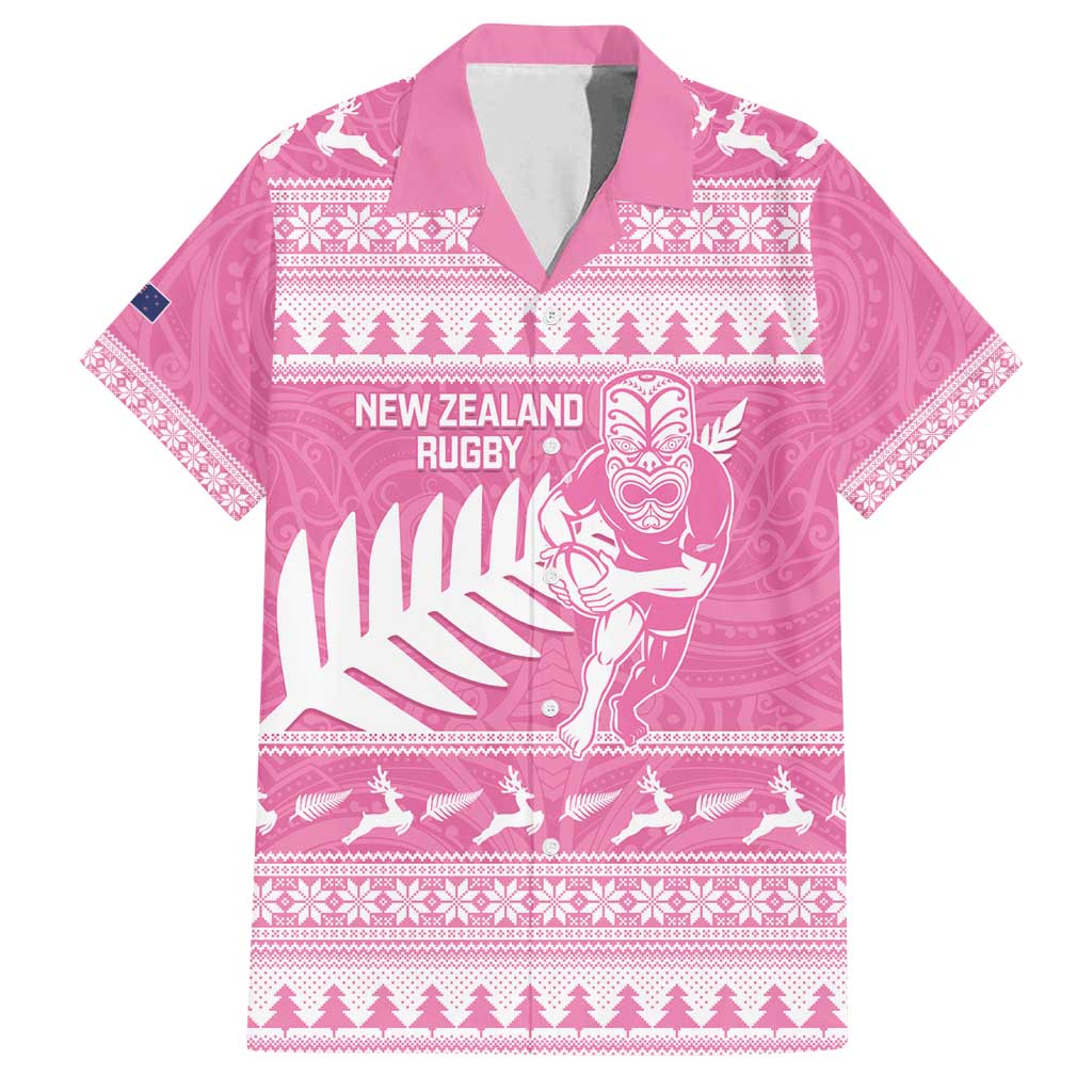 New Zealand Christmas Rugby Personalised Family Matching Tank Maxi Dress and Hawaiian Shirt Meri Kirihimete All Black Maori Pink Version - Polynesian Pride