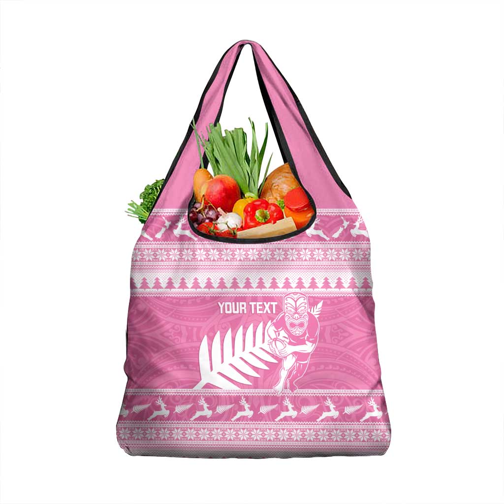New Zealand Christmas Rugby Personalised Grocery Bag Meri Kirihimete All Black Maori Pink Version - Polynesian Pride