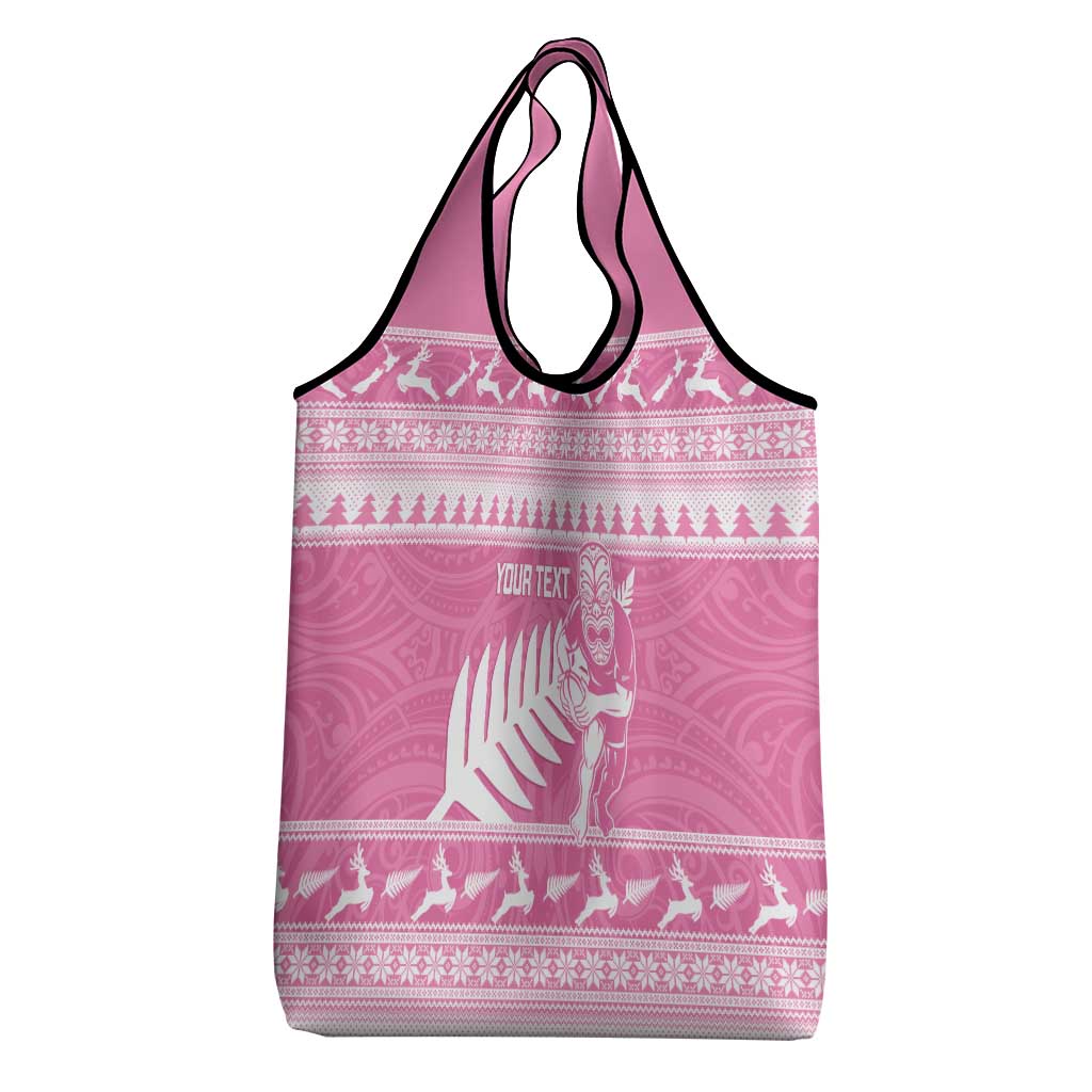 New Zealand Christmas Rugby Personalised Grocery Bag Meri Kirihimete All Black Maori Pink Version - Polynesian Pride