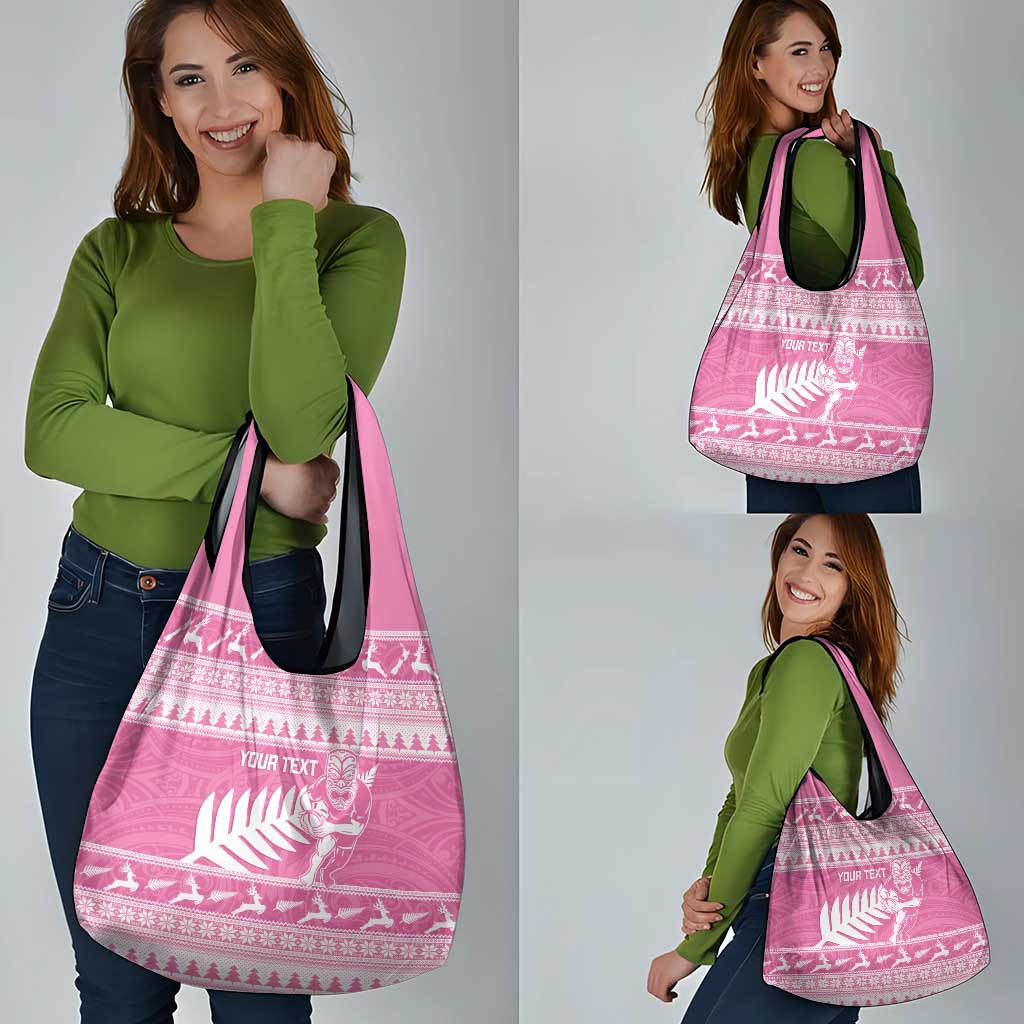 New Zealand Christmas Rugby Personalised Grocery Bag Meri Kirihimete All Black Maori Pink Version - Polynesian Pride