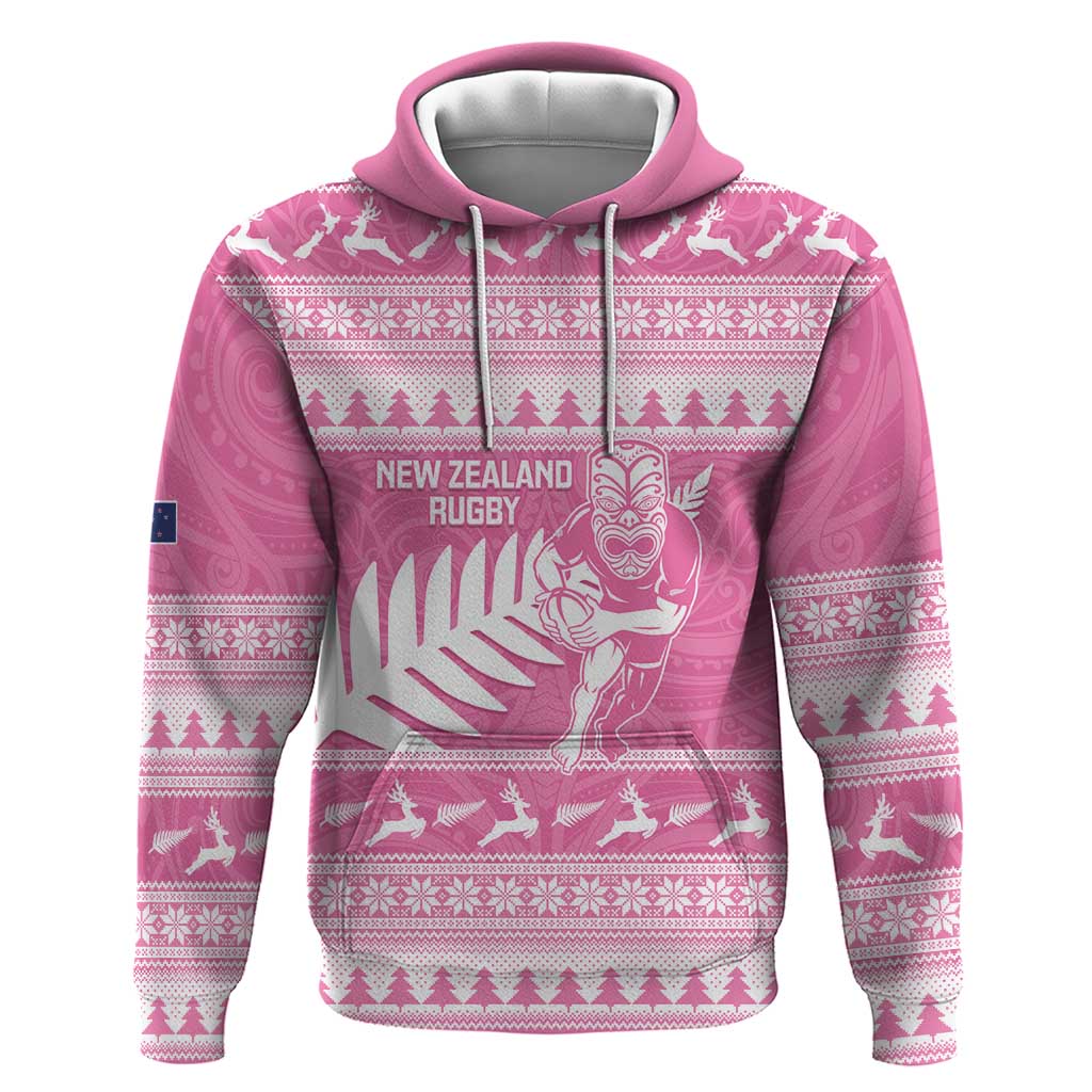 New Zealand Christmas Rugby Personalised Hoodie Meri Kirihimete All Black Maori Pink Version - Polynesian Pride