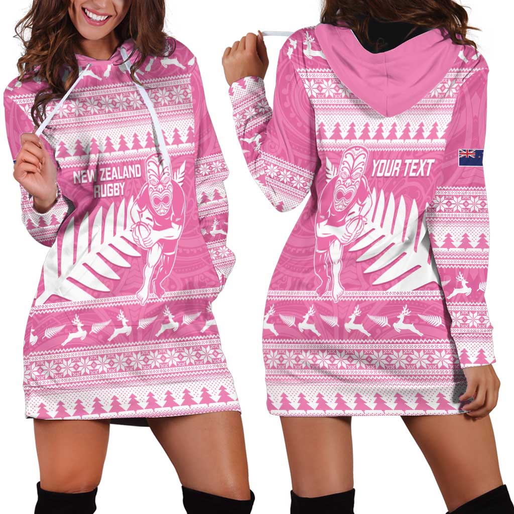 New Zealand Christmas Rugby Personalised Hoodie Dress Meri Kirihimete All Black Maori Pink Version - Polynesian Pride