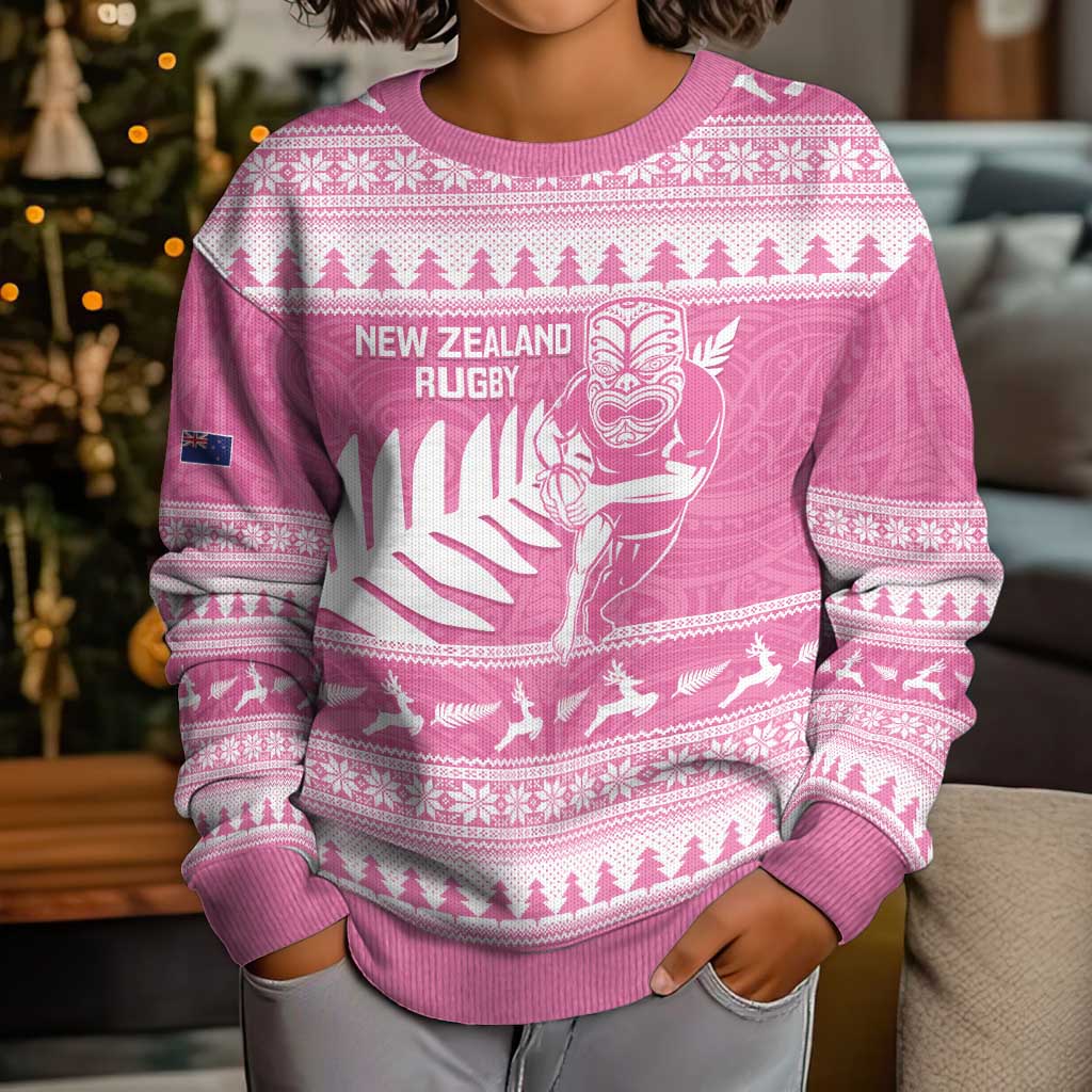 New Zealand Christmas Rugby Personalised Kid Ugly Christmas Sweater Meri Kirihimete All Black Maori Pink Version - Polynesian Pride