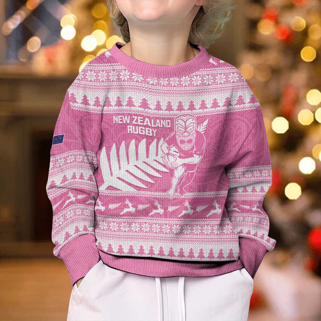 New Zealand Christmas Rugby Personalised Kid Ugly Christmas Sweater Meri Kirihimete All Black Maori Pink Version - Polynesian Pride