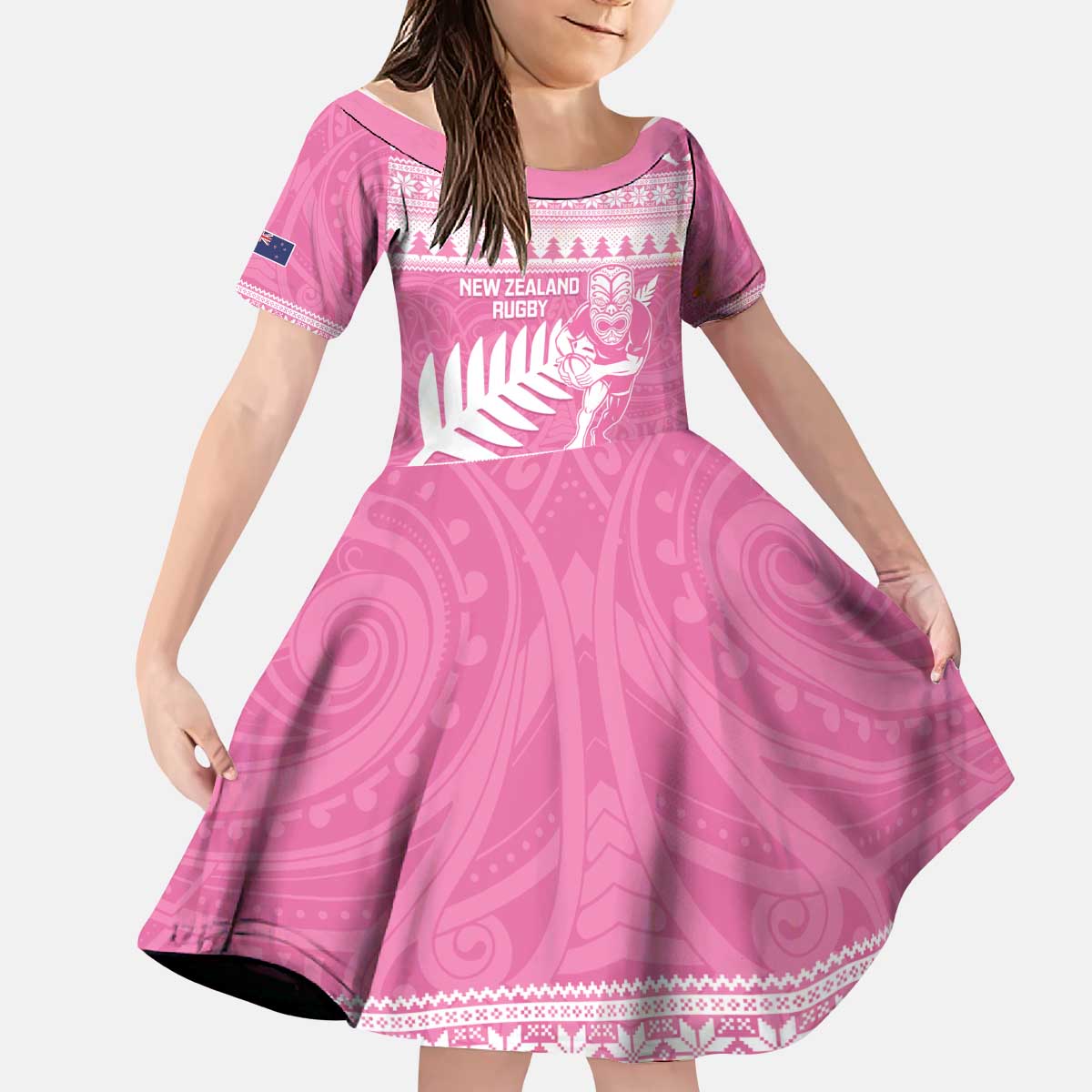 New Zealand Christmas Rugby Personalised Kid Short Sleeve Dress Meri Kirihimete All Black Maori Pink Version - Polynesian Pride