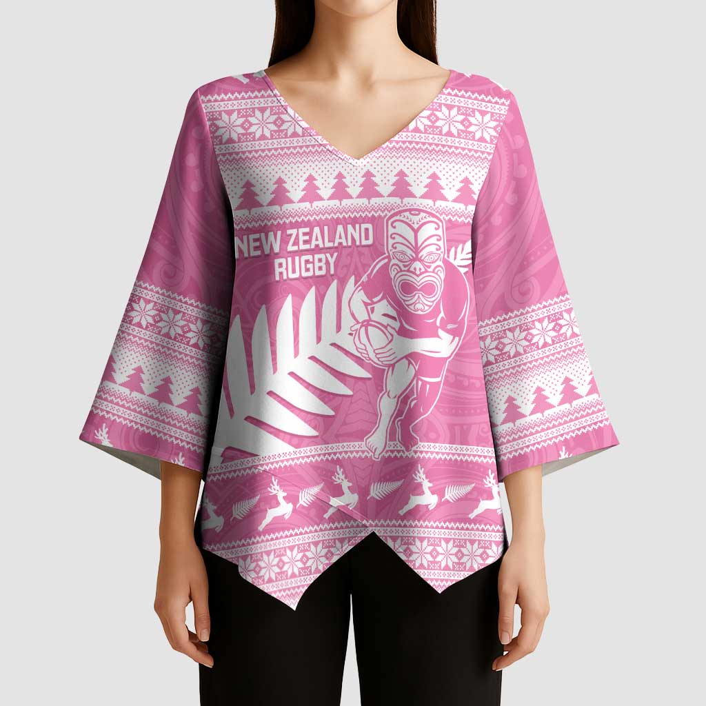 New Zealand Christmas Rugby Personalised Kimono Sleeve Blouse Meri Kirihimete All Black Maori Pink Version - Polynesian Pride