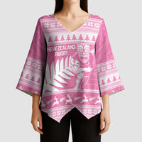 New Zealand Christmas Rugby Personalised Kimono Sleeve Blouse Meri Kirihimete All Black Maori Pink Version - Polynesian Pride