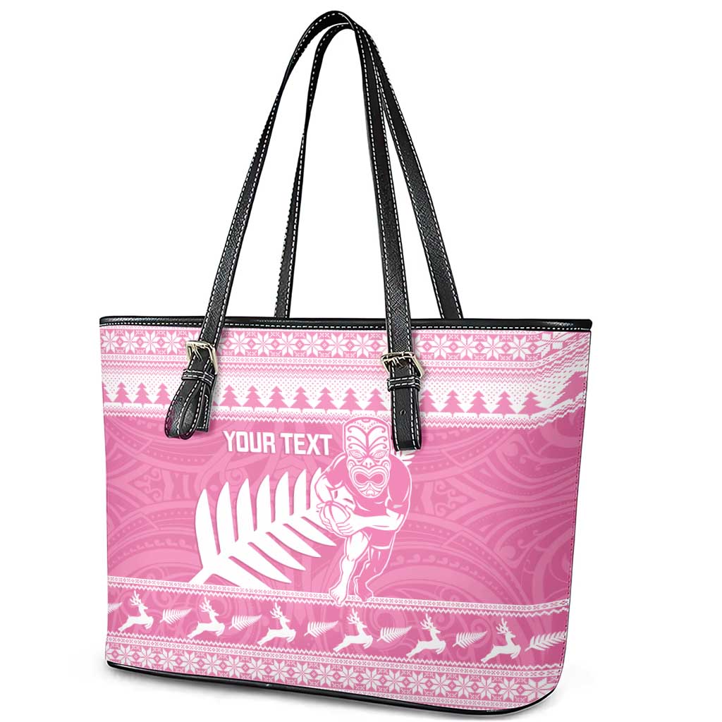 New Zealand Christmas Rugby Personalised Leather Tote Bag Meri Kirihimete All Black Maori Pink Version - Polynesian Pride