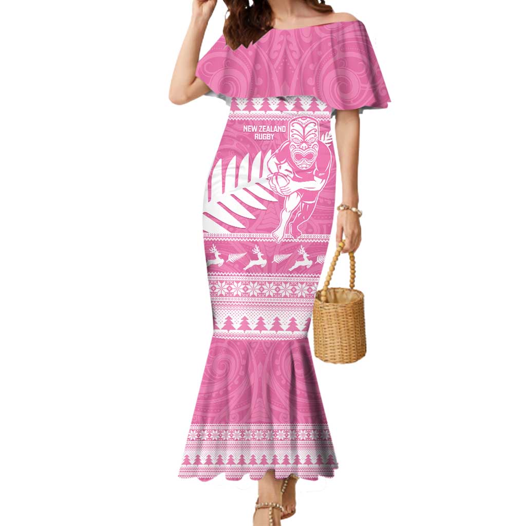 New Zealand Christmas Rugby Personalised Mermaid Dress Meri Kirihimete All Black Maori Pink Version - Polynesian Pride